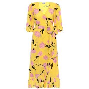 GANNI Yellow Pink Floral Wrap Maxi Dress Balloon Sleeve Boho Romantic Size 4